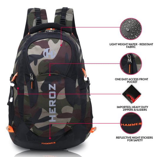 HEROZ Hammer Unisex Nylon 35 L Travel Laptop Backpack Water Resistant Slim Durable Fits Up to 17.3 Inch Laptop Notebook (Black & Jungle)