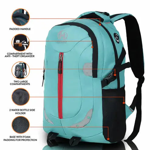 Teal backpack with black straps and red zipper, featuring labeled compartments and features on a white background 15.6 inch laptop bag sea green lightweight backpack for men women