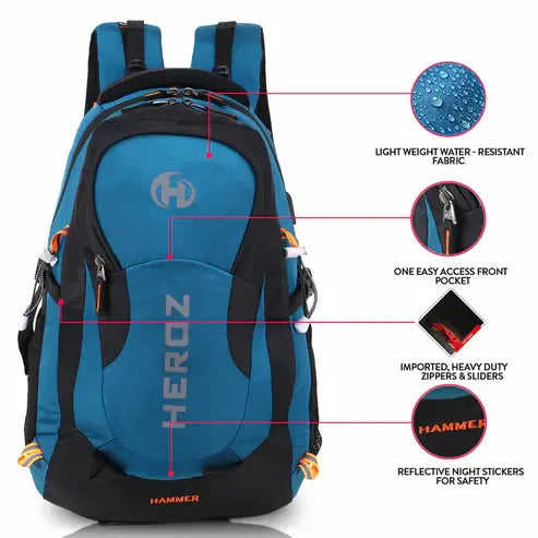 Blue and black backpack with features highlighted on a white background