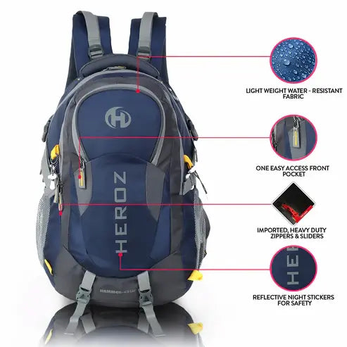 Blue and gray backpack with features highlighted on a white background 17.3 inch laptop backpack 45L large capacity nylon bag grey navy
