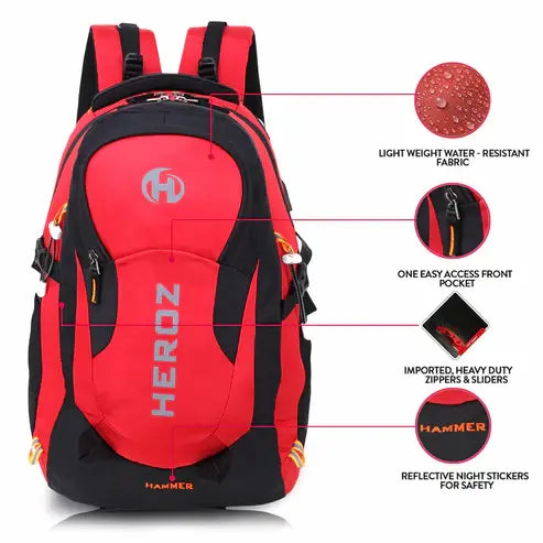 Red and black backpack with features highlighted on a white background