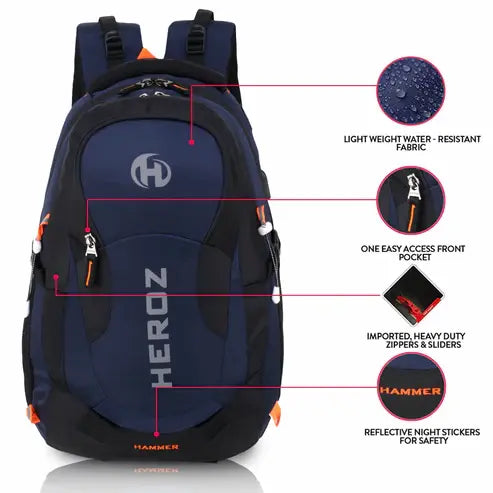 Navy blue backpack with features highlighted on a white background