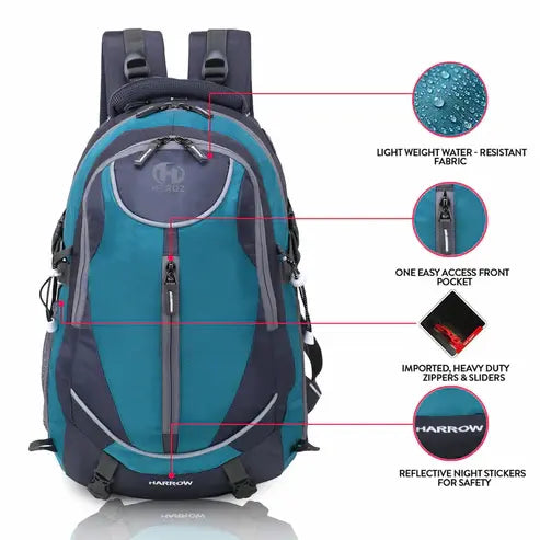 Teal and gray backpack with features highlighted on a white background 17.3 inch laptop backpack large capacity college travel bag