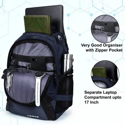 Backpack with compartments and features highlighted on a white background 17 inch laptop backpack 40L with rain cover and organizer compartments