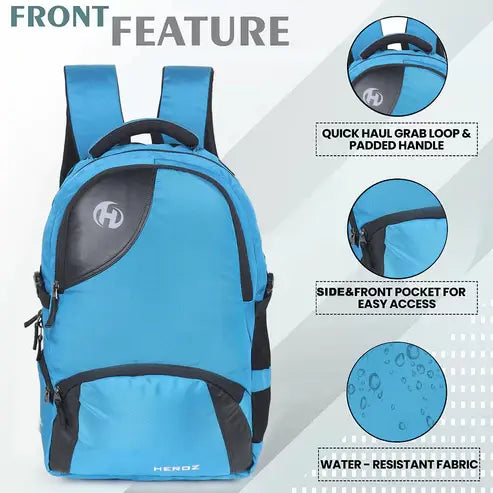 Blue backpack with features highlighted on a white background