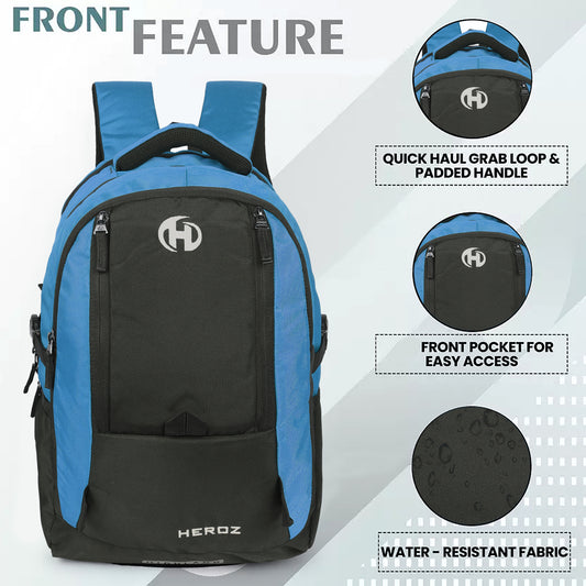 HEROZ Highland 40L laptop backpacks bags for men and women with USB Charing Point, rain cover with Anti Theft Pocket, Organizer, ideal for collage travel & office,17-inch sleeve (Black & A. Blue)