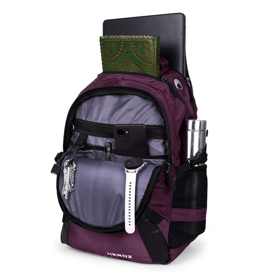 HEROZ Hypro 40L laptop backpacks bags for men and women with USB Charing Point, rain cover with Anti Theft Pocket, Organizer, ideal for collage travel & office,17-inch sleeve (Black & Purple)