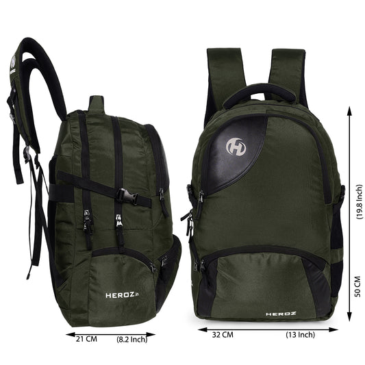 HEROZ Hypro 40L laptop backpacks bags for men and women with USB Charing Point, rain cover with Anti Theft Pocket, Organizer, ideal for collage travel & office,17-inch sleeve (Black & Mehndi Green)