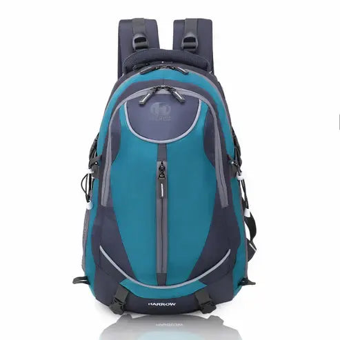 Teal and gray backpack on a white background 45L laptop backpack grey airforce blue water resistant 