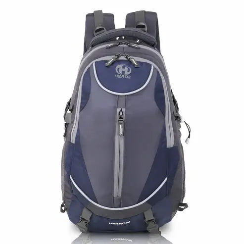 Gray and blue backpack with 'HEROZ' branding on a white 45L laptop backpack grey navy blue water resistant travel bag background