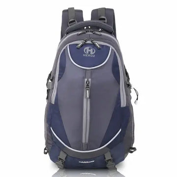 Gray and blue backpack with 'HEROZ' branding on a white 45L laptop backpack grey navy blue water resistant travel bag background
