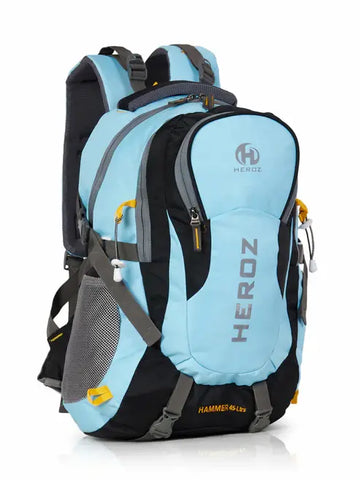 Light blue and black backpack with 'HEROZ' branding on a white background