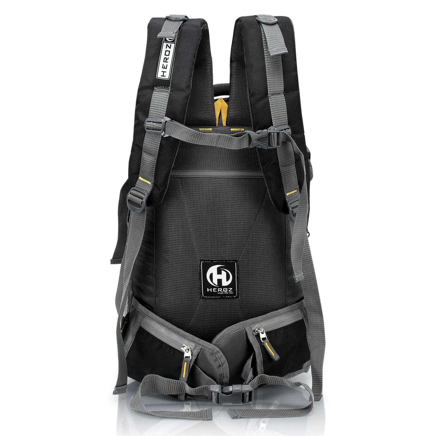 Black and gray backpack with visible branding on a white background