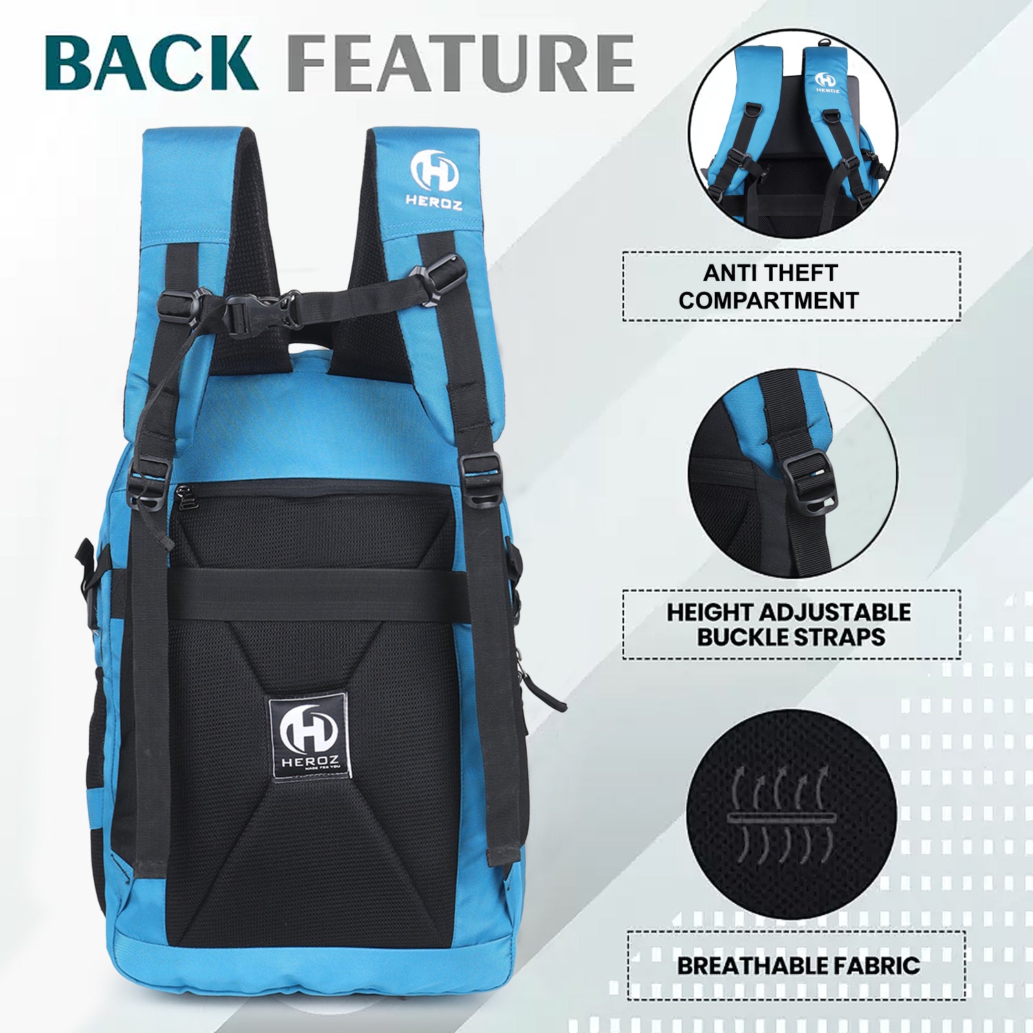Back side of HEROZ Hypro 40L laptop backpack with anti theft compartment and ergonomic padding