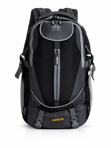 Black and gray backpack with 'Haro' branding on a white background