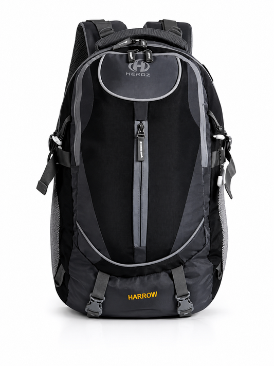Black and gray backpack with 'Haro' branding on a white background