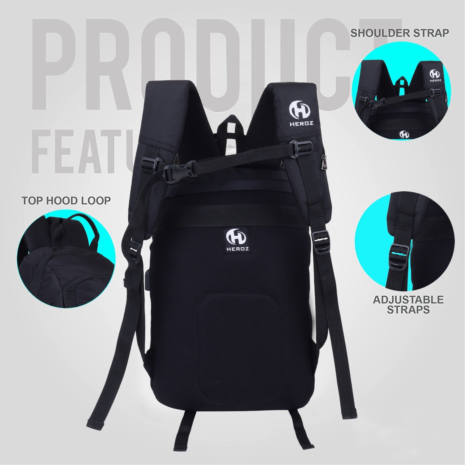 Black backpack with HEROZ branding on a light gray background