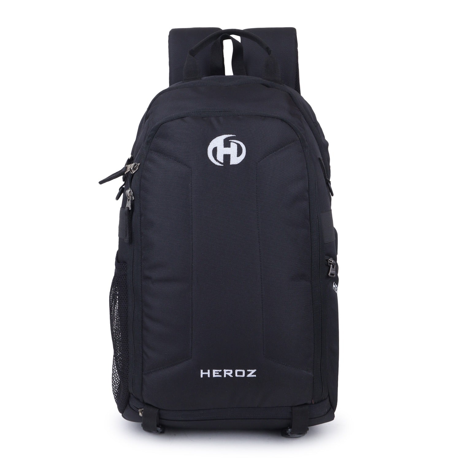 Black backpack with 'HEROZ' branding on a white background
