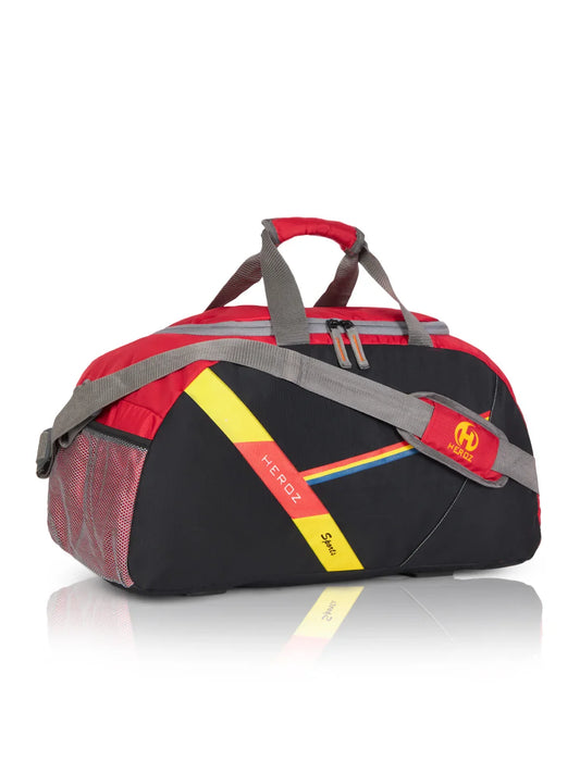 Red and black duffel bag with a colorful stripe on a white background
