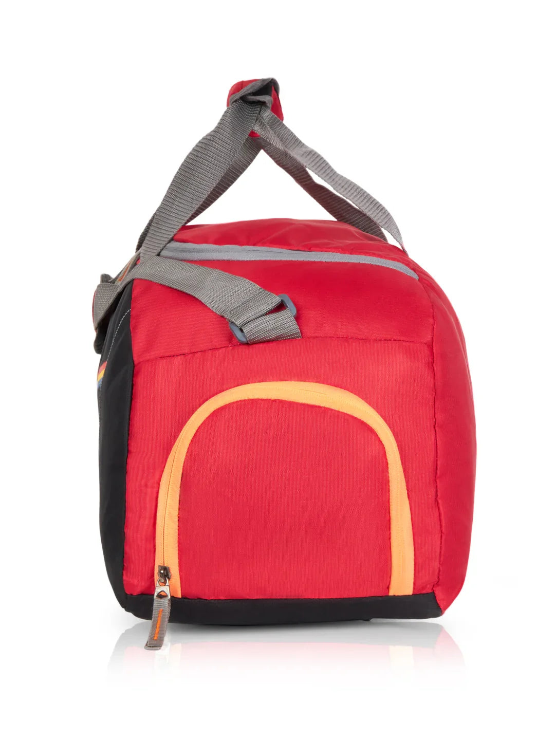 Red duffel bag with gray handle on a white background