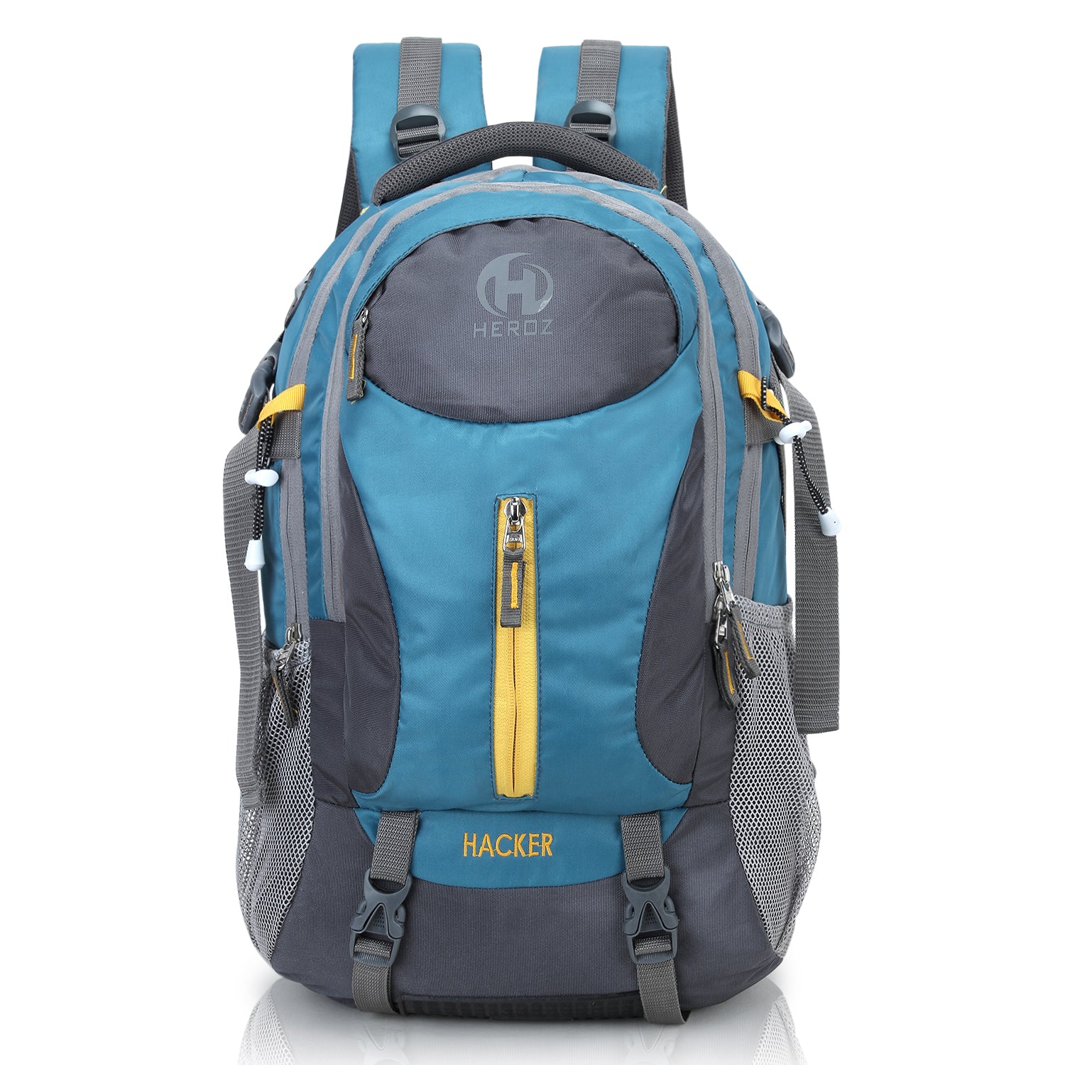 Blue and gray backpack with yellow zipper on a white background