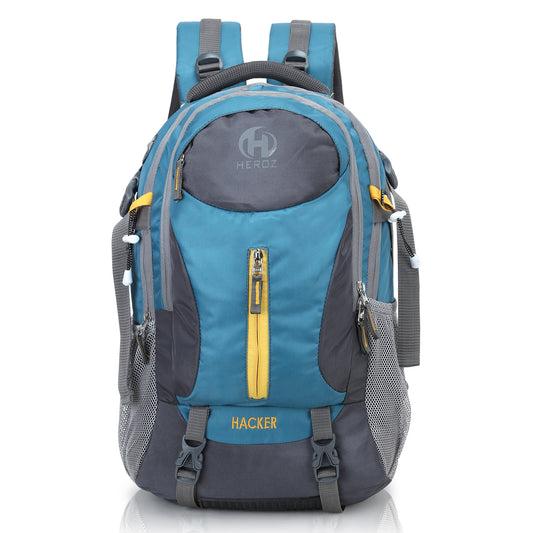 Blue and gray backpack with yellow zipper on a white background