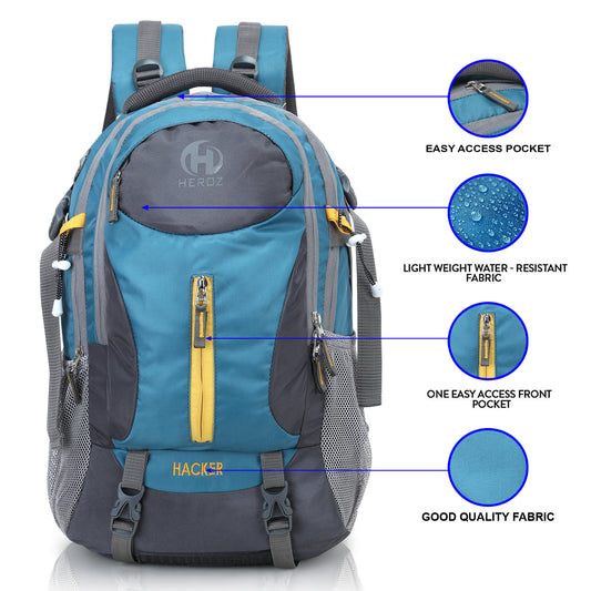 Blue and gray backpack with features highlighted on a white background