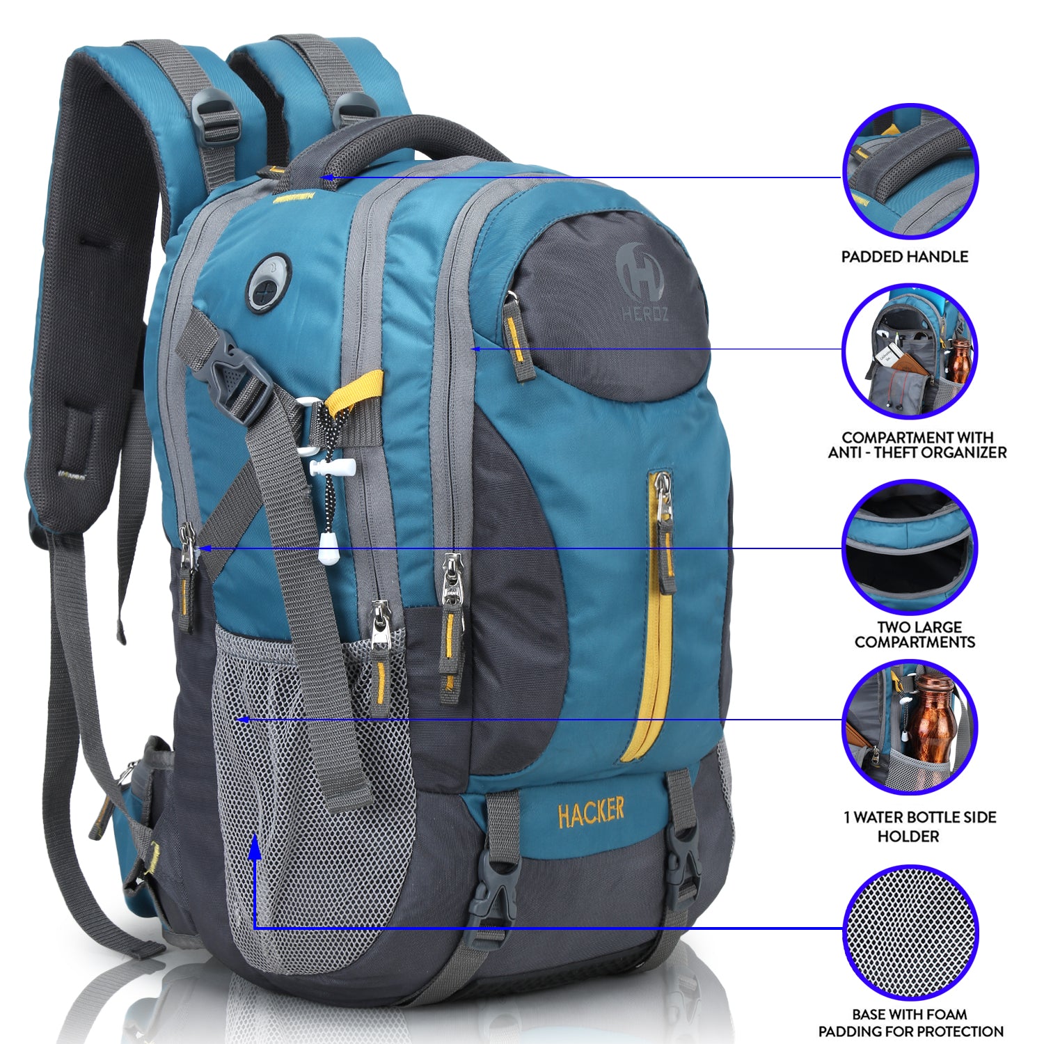 HEROZ Hacker 50 litres Nylon Travel Laptop Backpack Water Resistant Slim Durable Computer Book Bag Tracking Fits Up to 17-inch Laptop (Grey & Airforce Blue) - HEROZ