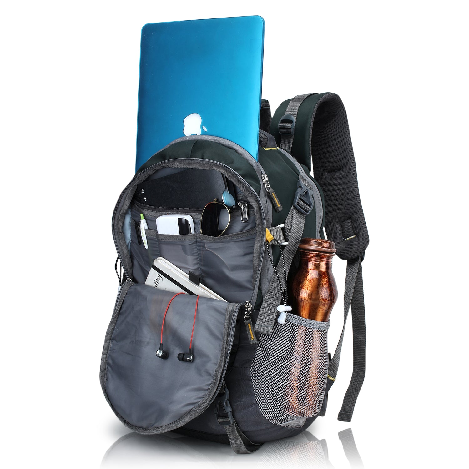 Gray backpack with a blue laptop, bottle, and other items on a white background