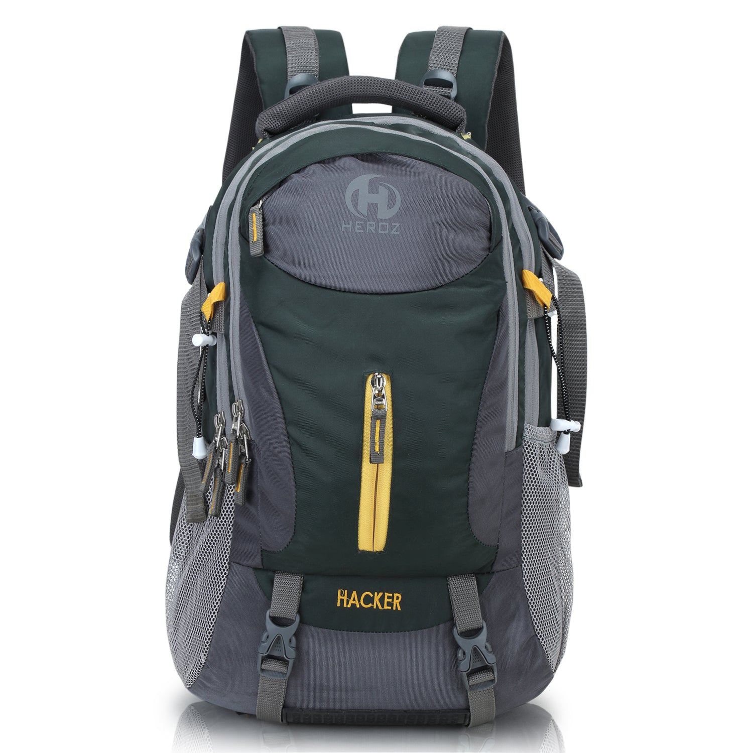 Green and gray backpack with yellow accents on a white background