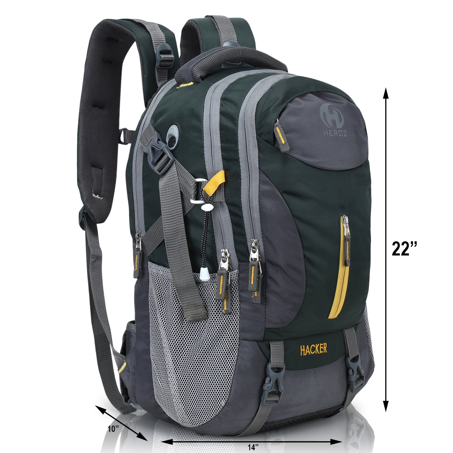 Green and gray backpack with dimensions on a white background