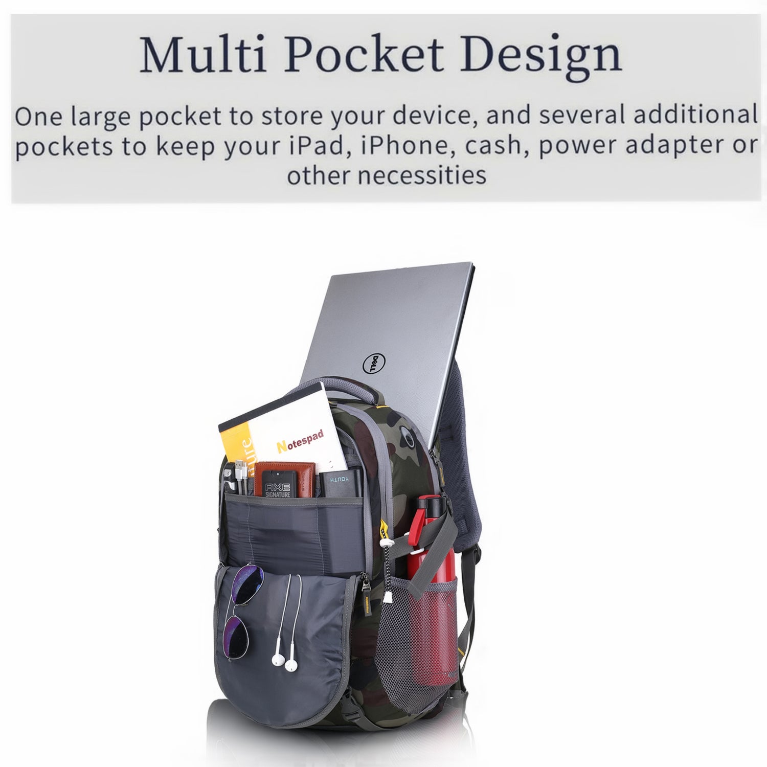Multifunctional backpack with multiple pockets on a white background