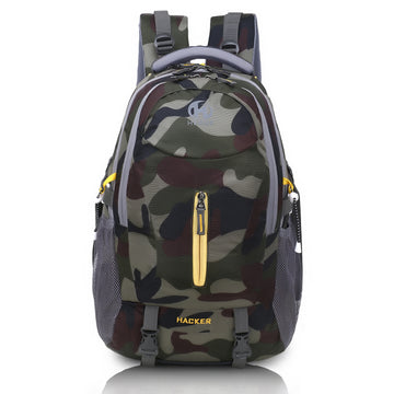 Camouflage backpack with yellow zipper on a white background