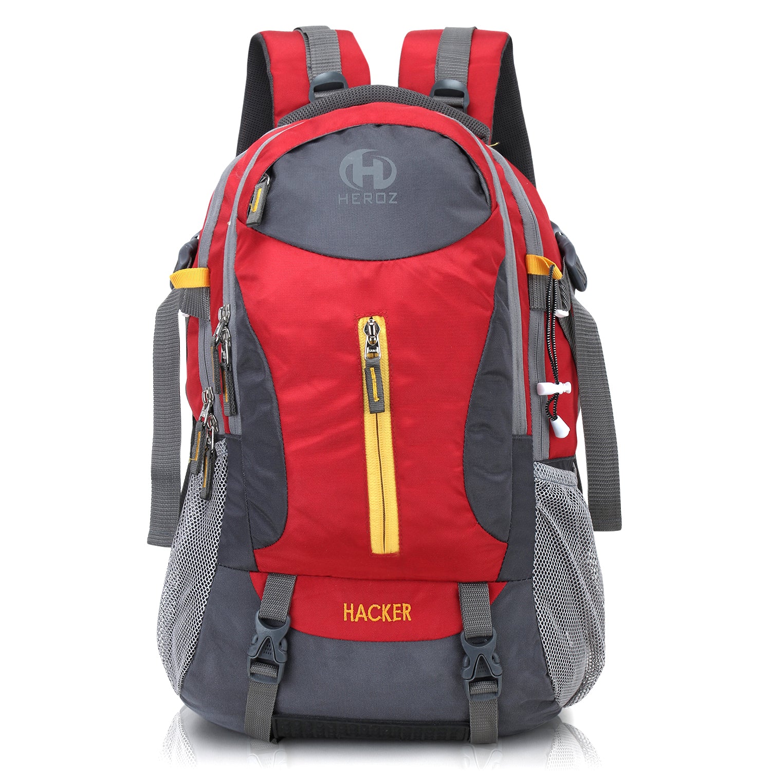 Red and gray backpack with yellow zipper on a white background