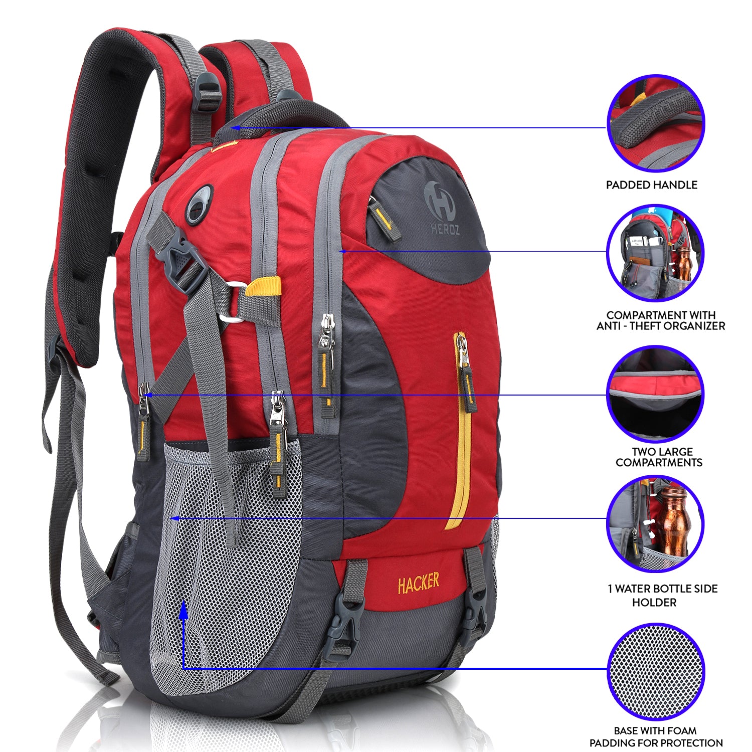 HEROZ Hacker 50L Travel Laptop Backpack for Men & Women – Water Resistant Nylon, Slim & Durable Computer Backpack Fits 17-Inch Laptop (Grey & Red) - HEROZ