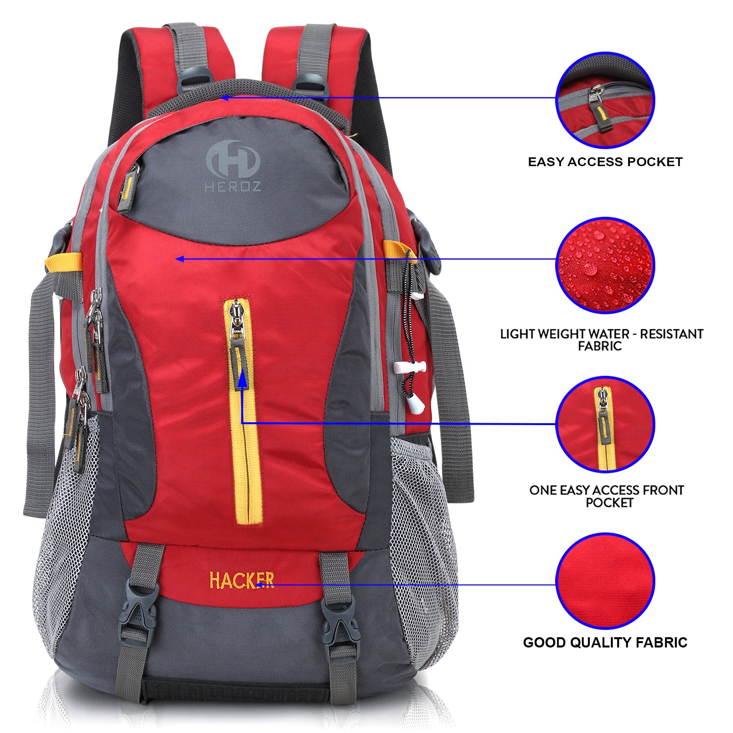 Red and gray backpack with features highlighted on a white background