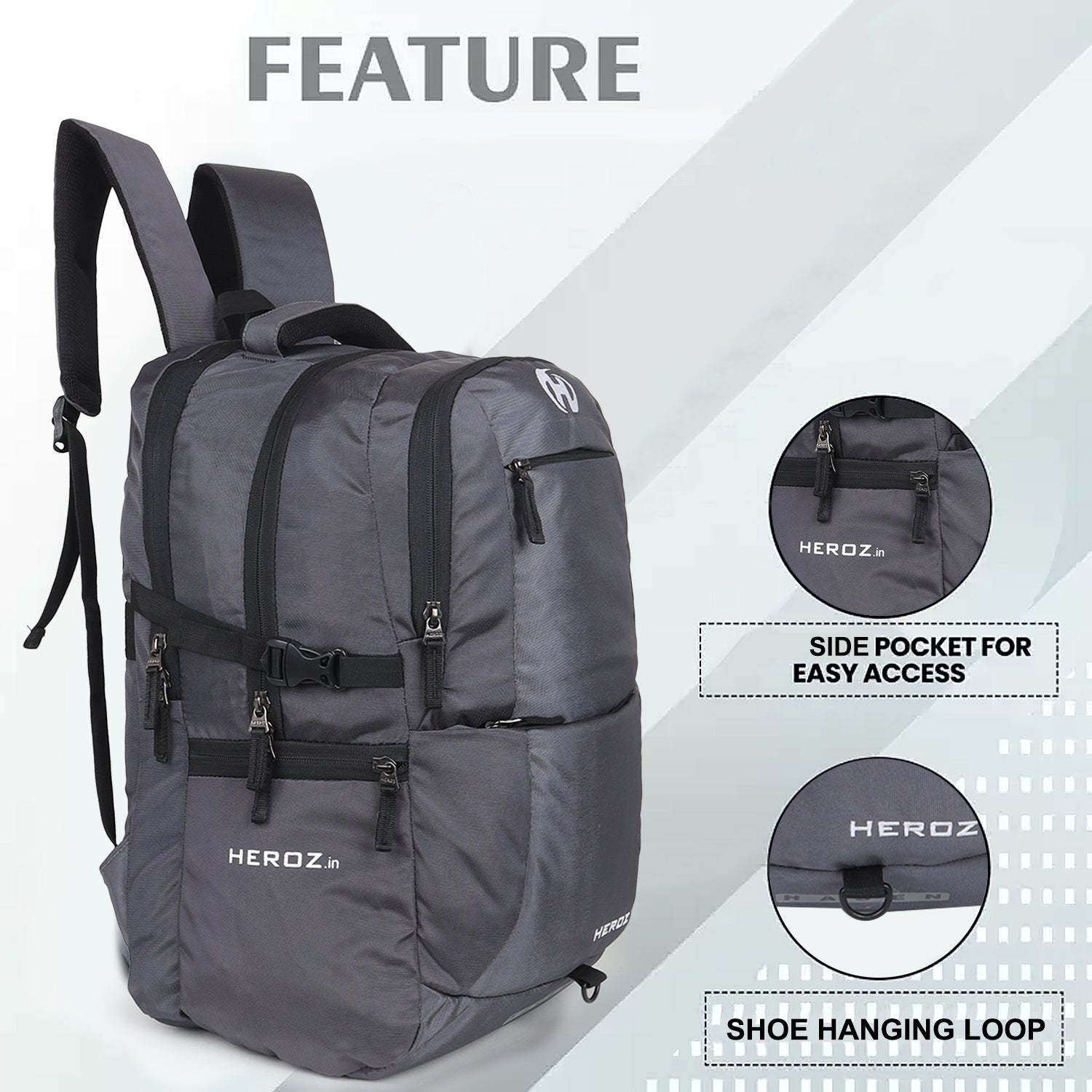 HEROZ Haden 40L Laptop Backpack for Men & Women with USB Charging Port, Rain Cover & Anti-Theft Pocket – Fits 17 Inch Laptop (Grey) - HEROZ