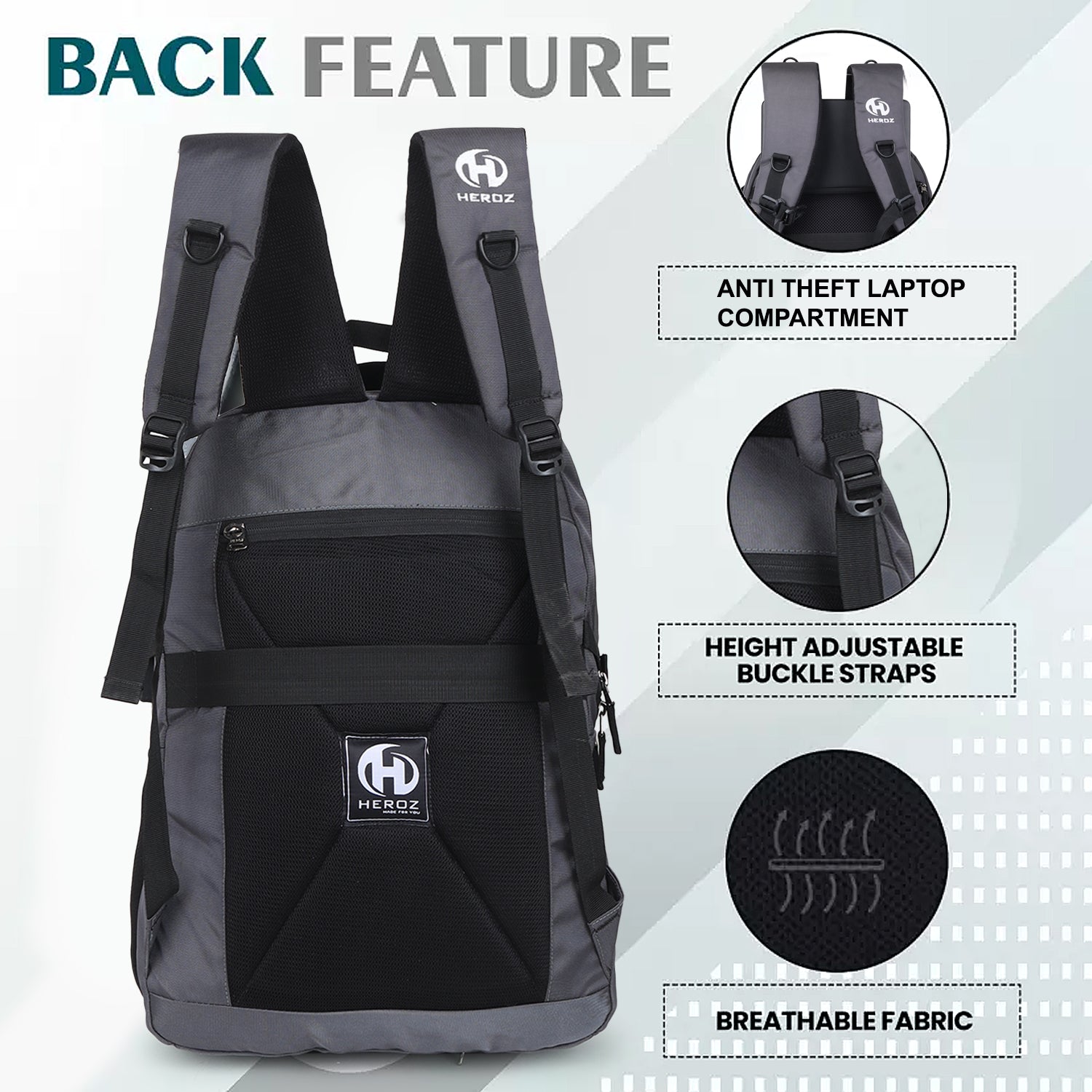 HEROZ Haden 40L Laptop Backpack for Men & Women with USB Charging Port, Rain Cover & Anti-Theft Pocket – Fits 17 Inch Laptop (Grey) - HEROZ