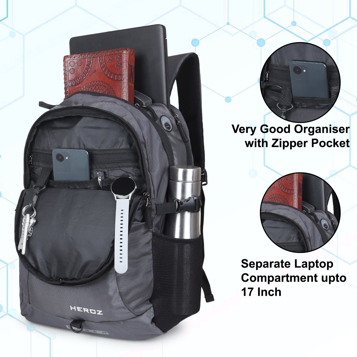 HEROZ Haden unisex travel backpack with organizer compartments