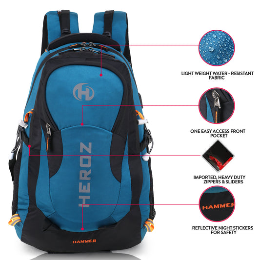 HEROZ Hammer 40 L Travel Laptop Backpack – Fits up to 17.3 Inch (Black & A. Blue) - HEROZ