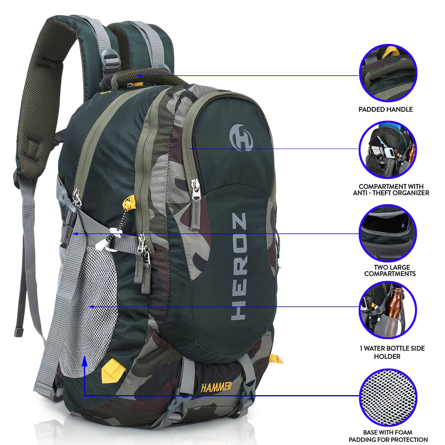 HEROZ Hammer 45 L Travel Laptop Backpack for Men – Fits up to 17.3 Inch (Mehndi Green & Jungle) - HEROZ