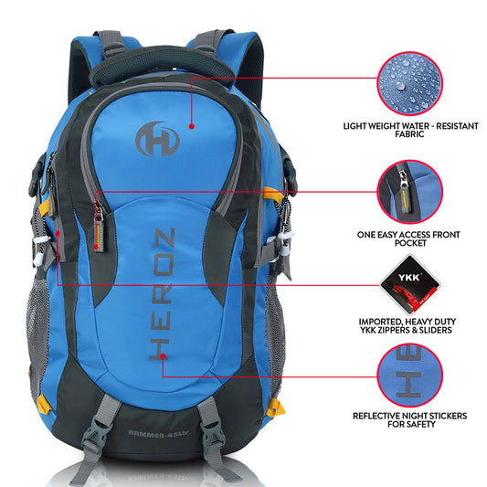 HEROZ Hammer Unisex Nylon 45 L Travel Laptop Backpack bags for mens Water Resistant Slim Durable Fits Up to 17.3 Inch (Grey & Sky Blue) - HEROZ