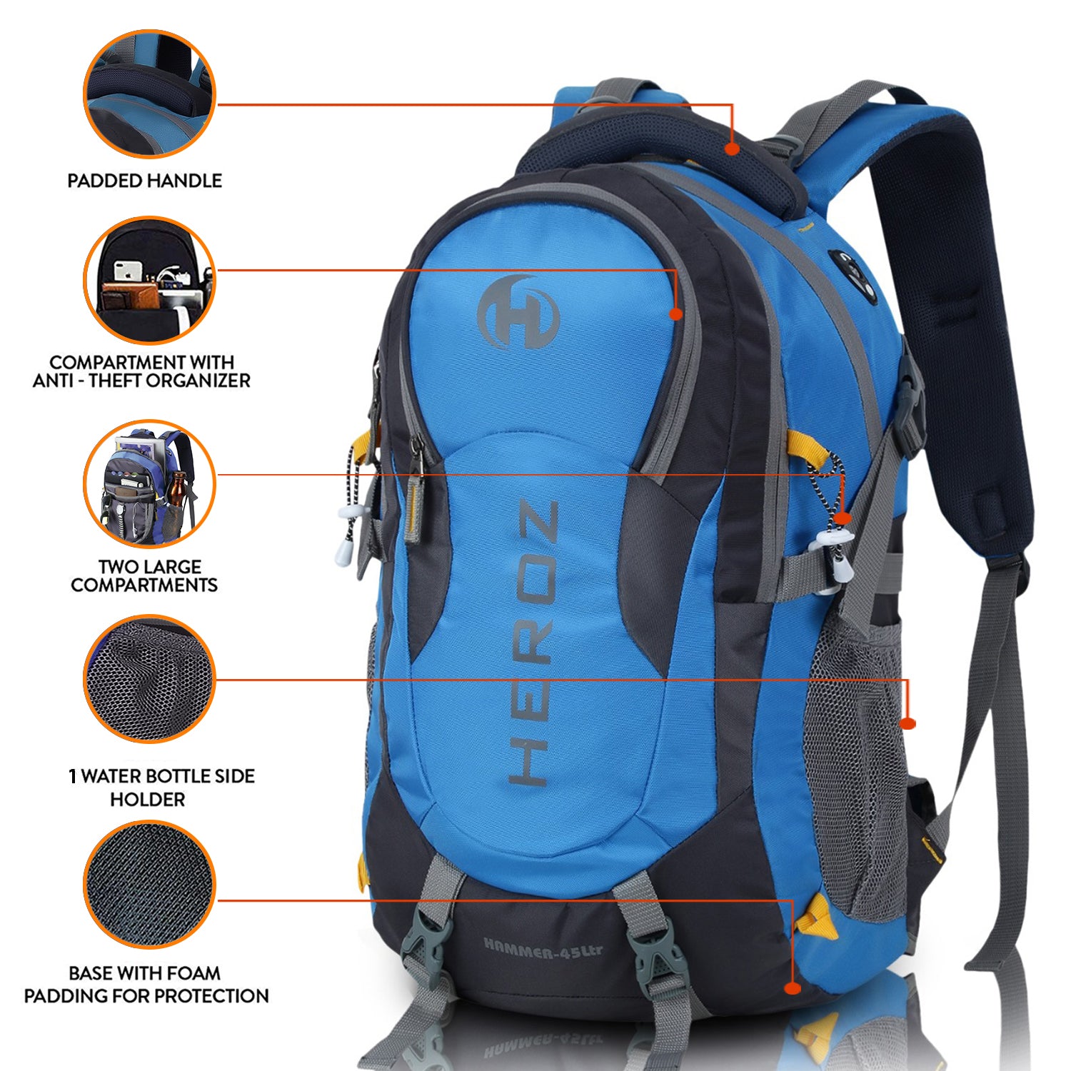HEROZ Hammer Unisex Nylon 45 L Travel Laptop Backpack bags for mens Water Resistant Slim Durable Fits Up to 17.3 Inch (Grey & Sky Blue) - HEROZ