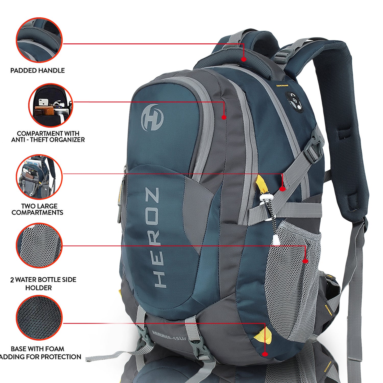 HEROZ Hammer Unisex Nylon 45 L Travel Laptop Backpack for Men – Water Resistant, Slim & Durable, Fits Up to 17.3 Inch Laptop (Grey & Airforce Blue) - HEROZ