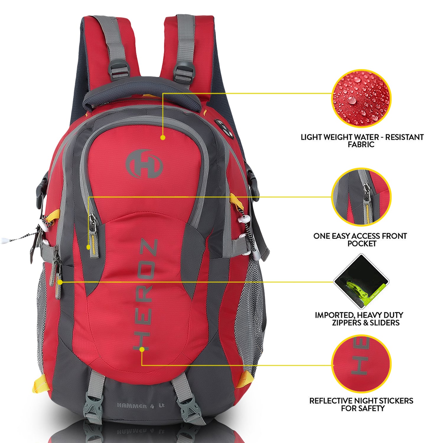 HEROZ Hammer Unisex Nylon 45 L Travel Laptop Backpack for Men – Water Resistant, Slim & Durable, Fits Up to 17.3 Inch Laptop (Grey & Red) - HEROZ