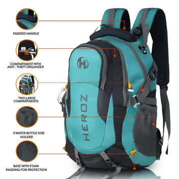 HEROZ Hammer Unisex Nylon 45 L Travel Laptop Backpack for Men – Water Resistant, Slim & Durable, Fits Up to 17.3 Inch Laptop (Grey & Sea Green) - HEROZ