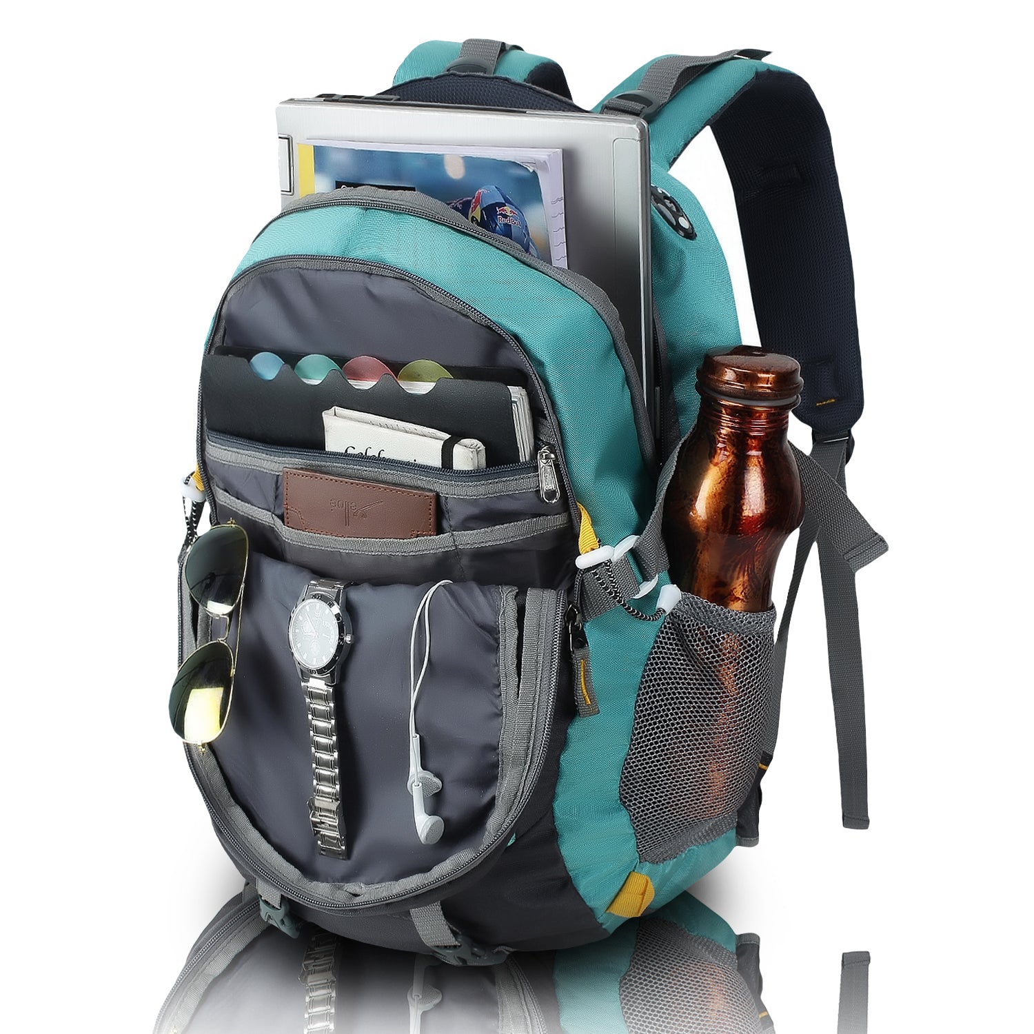 HEROZ Hammer Unisex Nylon 45 L Travel Laptop Backpack for Men – Water Resistant, Slim & Durable, Fits Up to 17.3 Inch Laptop (Grey & Sea Green) - HEROZ