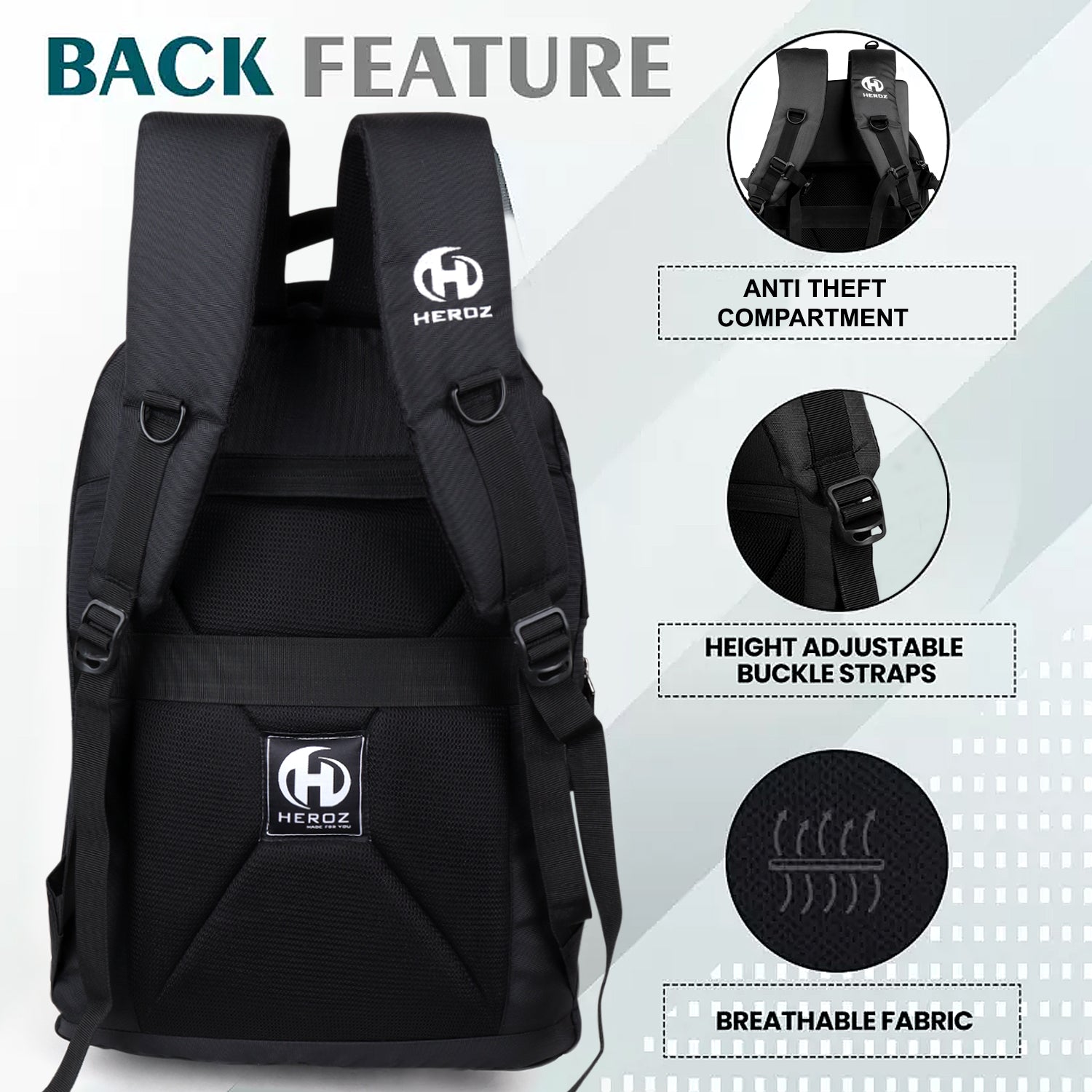HEROZ Heden 40L Laptop Backpack for Men & Women with USB Charging Port, Rain Cover & Anti-Theft Pocket – Fits 17 Inch Laptop (Black) - HEROZ