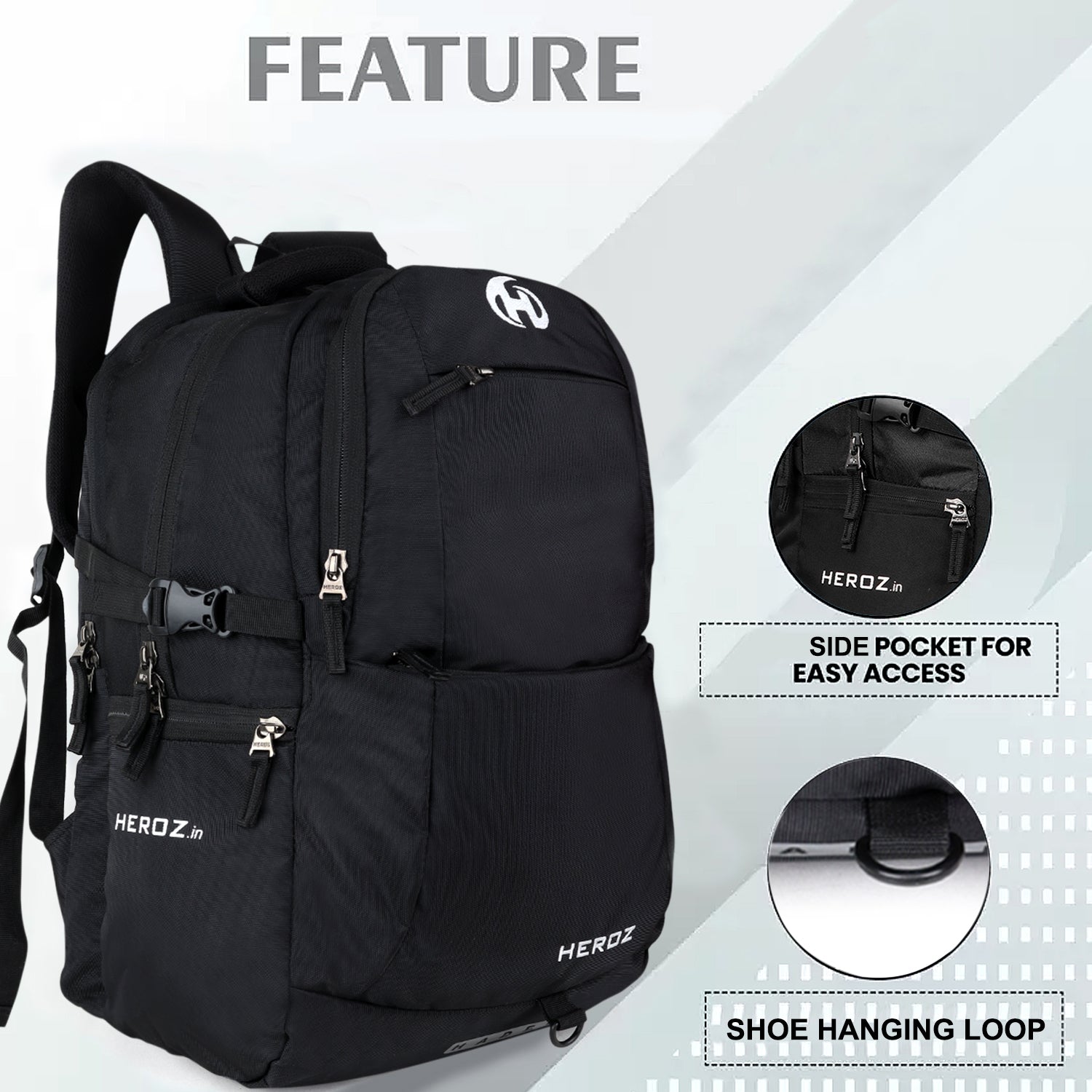 HEROZ Heden 40L Laptop Backpack for Men & Women with USB Charging Port, Rain Cover & Anti-Theft Pocket – Fits 17 Inch Laptop (Black) - HEROZ