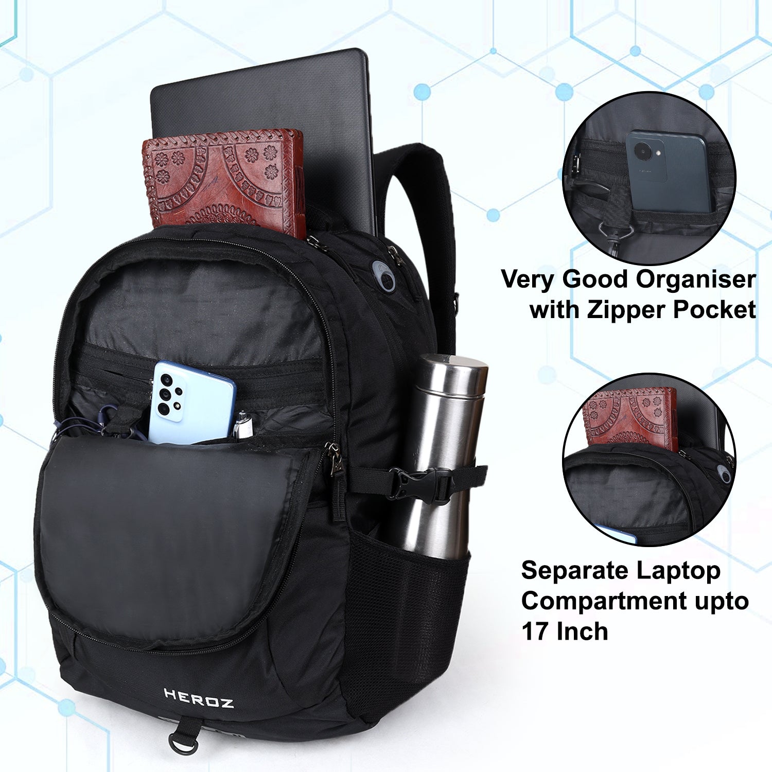 HEROZ Heden 40L Laptop Backpack for Men & Women with USB Charging Port, Rain Cover & Anti-Theft Pocket – Fits 17 Inch Laptop (Black) - HEROZ